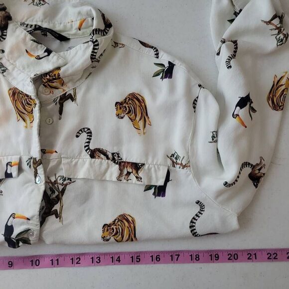 Zara Womens Jungle Animals Top White Large Long Sleeve Cinched Waist Button Up - Picture 7 of 8